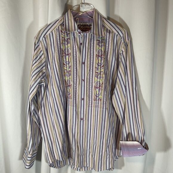 Robert Graham Long Sleeve Button Down Cotton Embroidered Striped Shirt Sz Lg - Picture 7 of 13